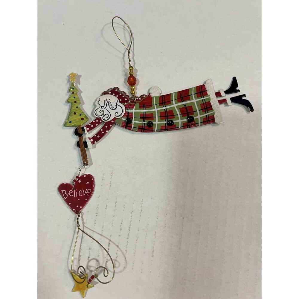 Silvestri Santa Ornament Horizontal Plaid Metal heart star believe mom